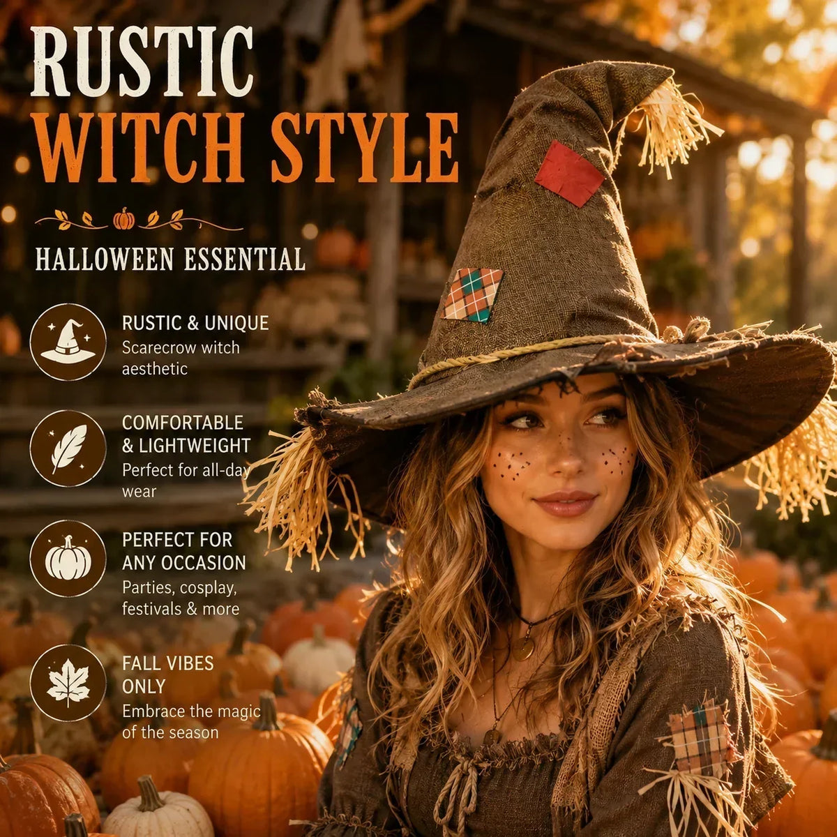 Witch Hat for Women, Pumpkin Patch Costume Accessory for Fall Festival